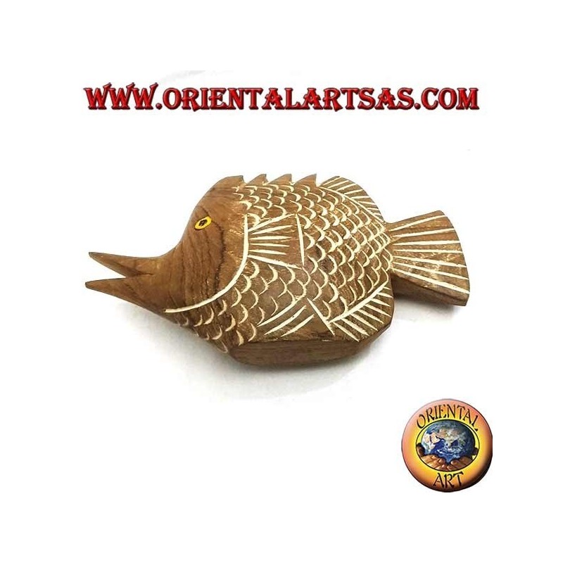 Escultura de pez trompeta pintada a mano en madera de teca (natural, pequeña)