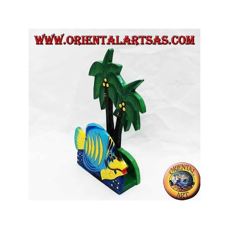 Portatarjetas / servilletas de estilo hawaiano con pescado en madera de balsa (azul, amarillo)