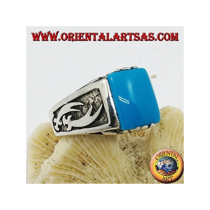 Bague en argent avec turquoise rectangulaire et cimeterres Zulfiqar sur les côtés