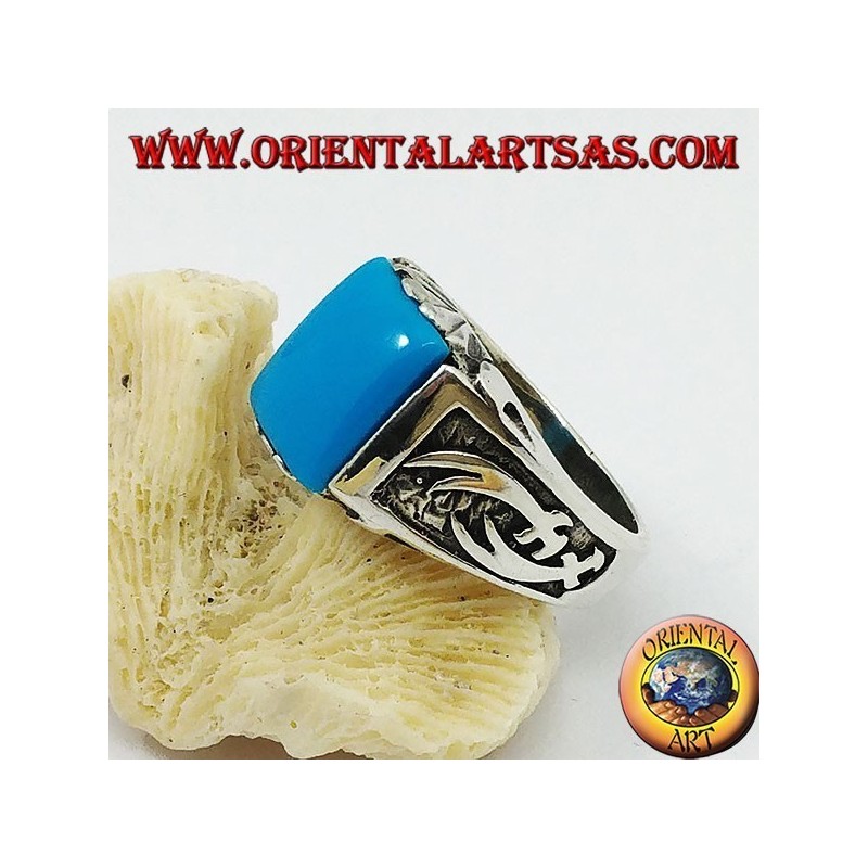 Bague en argent avec turquoise rectangulaire et cimeterres Zulfiqar sur les côtés