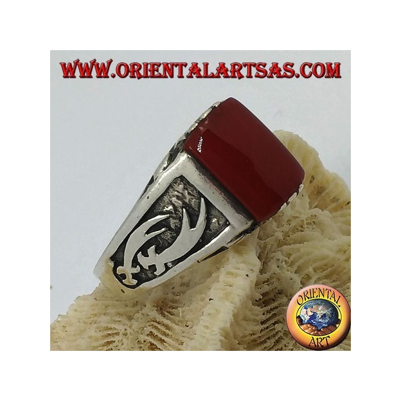Silver ring with rectangular carnelian and high relief Zulfiqar scimitars on the sides