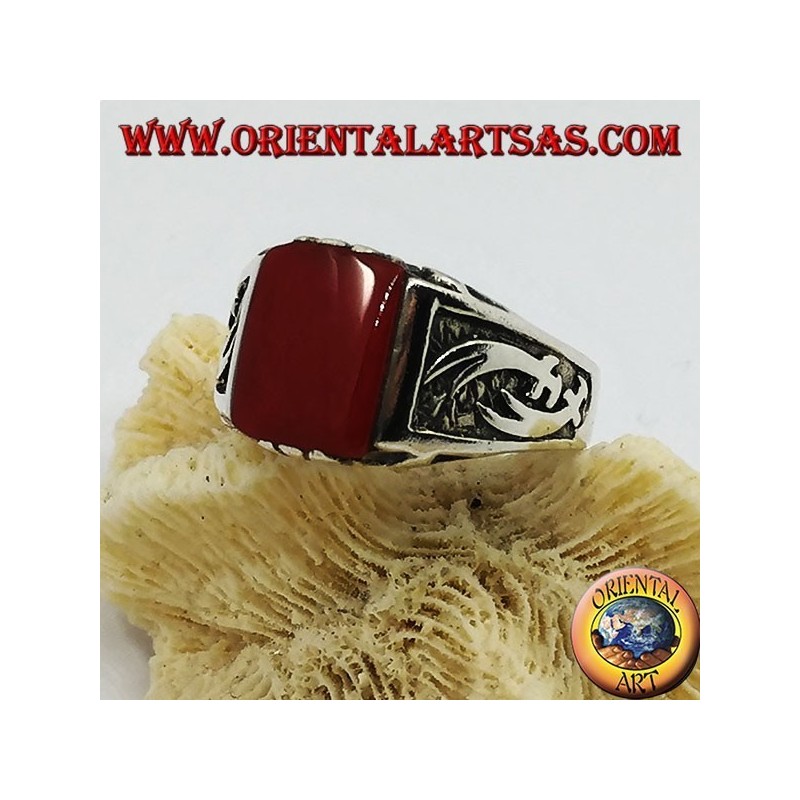 Silver ring with rectangular carnelian and high relief Zulfiqar scimitars on the sides