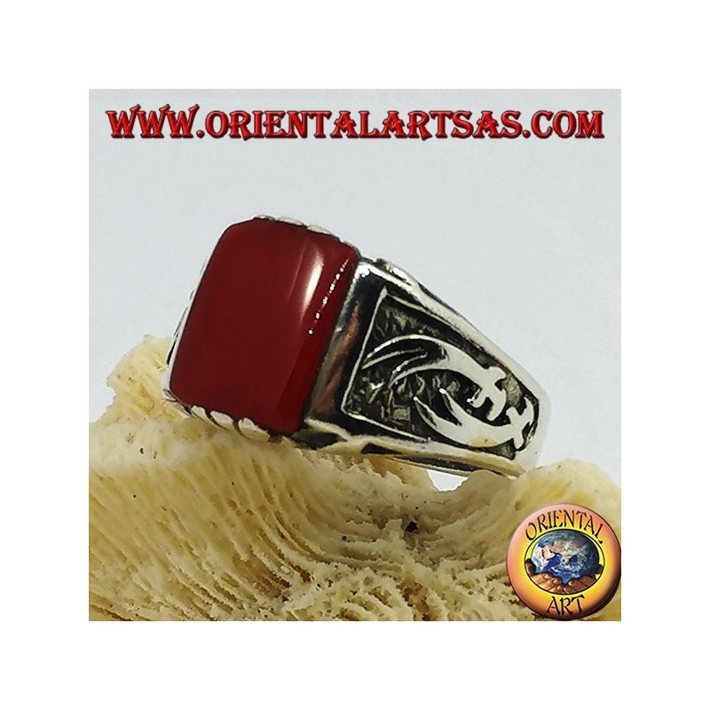 Silver ring with rectangular carnelian and high relief Zulfiqar scimitars on the sides