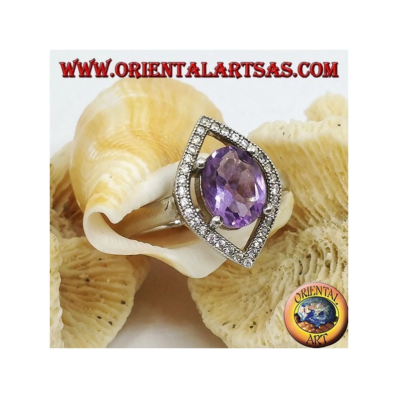 Shuttle silver ring with oval natural amethyst set surrounded by zircons