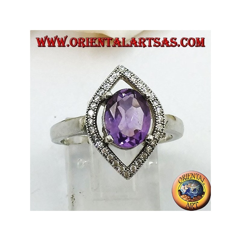 Bague Shuttle en argent avec améthyste naturelle ovale sertie de zircons