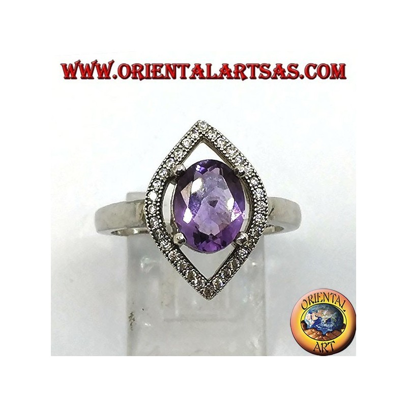 Shuttle silver ring with oval natural amethyst set surrounded by zircons