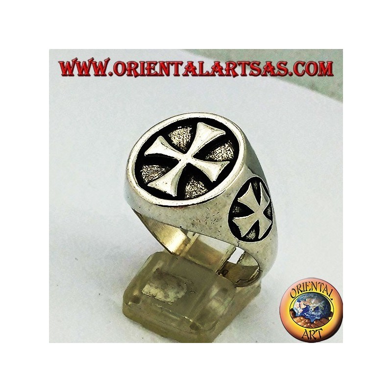 Anello in argento liscio con sigillo croce dei Templari e croce sui lati