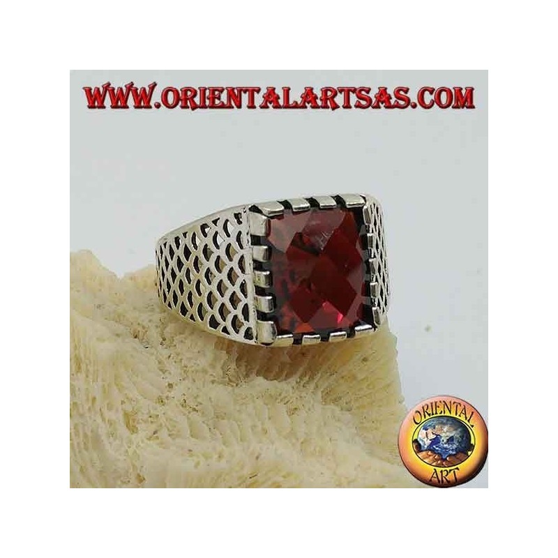 Silver ring with faceted rectangular garnet and openwork mesh on the sides