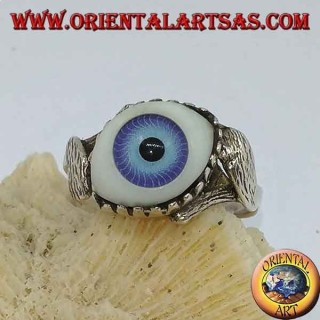 Silver ring with blue eye diagonally between two leaves