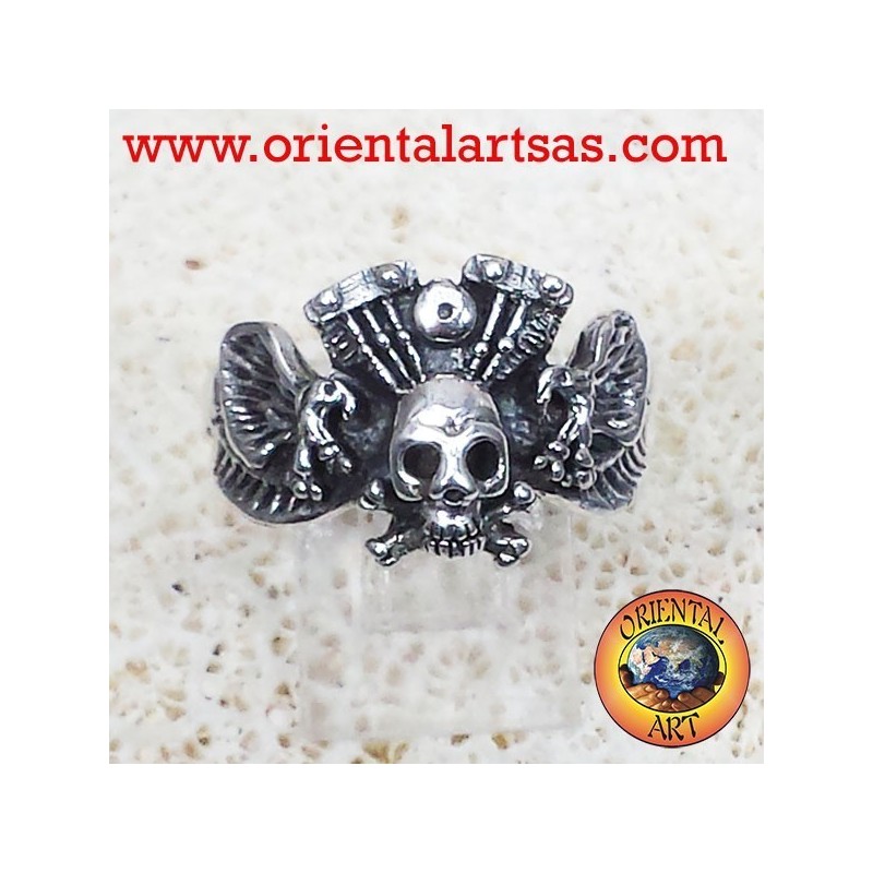 Schädel Ring mit Adler Motor Harley Davidson