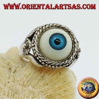 Bague en argent avec grand oeil bleu et fleur sur les côtés