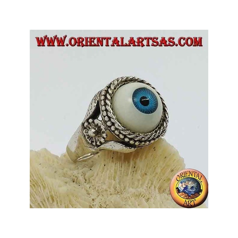 Anello in argento con occhio azzurro grande e fiore sui lati