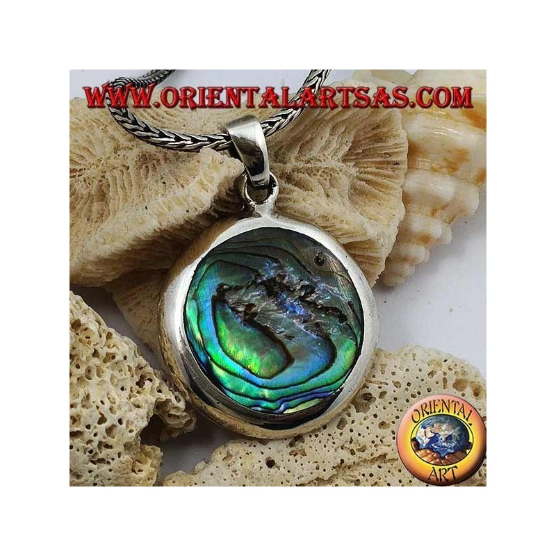 Colgante de plata redondo y liso con cáscara de paua (abulón)