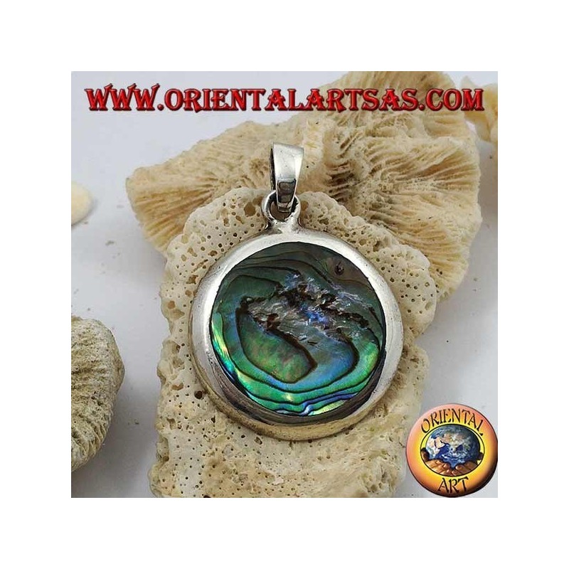 Colgante de plata redondo y liso con cáscara de paua (abulón)