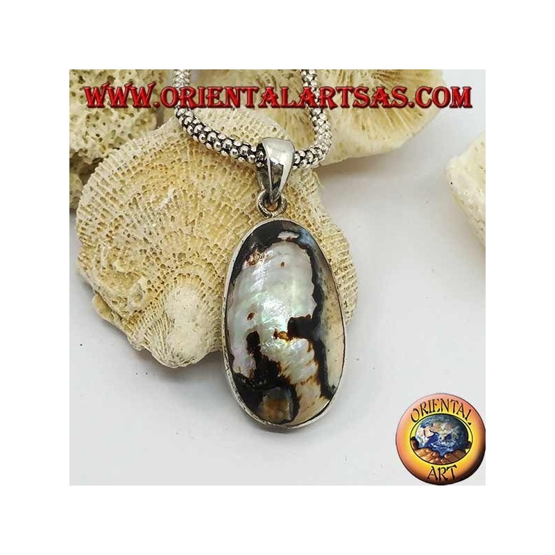 Pendentif en argent ovale lisse avec nacre tachetée