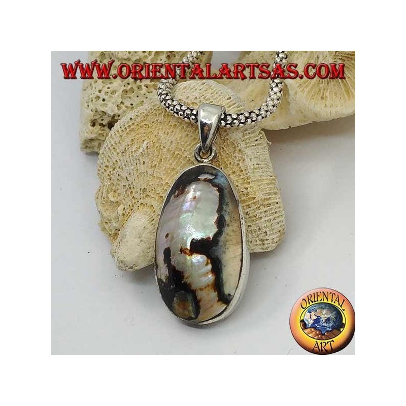 Pendentif en argent ovale lisse avec nacre tachetée