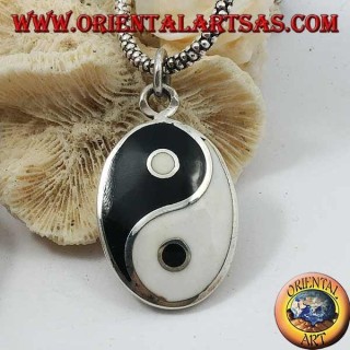 Smooth oval silver pendant, yin yang tao with mother of pearl