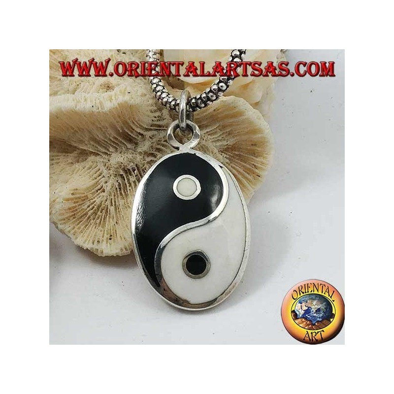 Smooth oval silver pendant, yin yang tao with mother of pearl