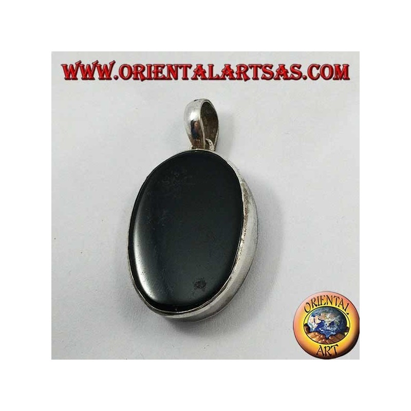 Smooth oval silver pendant with ॐ om with onyx on the bottom (large)