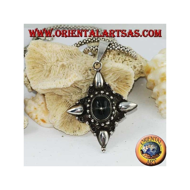 Silver pendant with oval black star (Diopside) and decorations with cardinal points