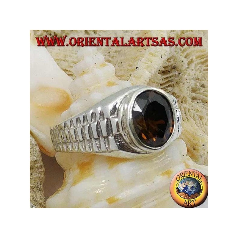 Bague en argent avec topaze fumée ovale et décoration de lien d'horloge