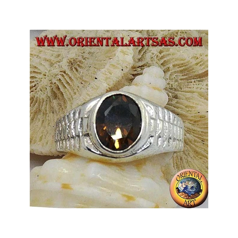 Bague en argent avec topaze fumée ovale et décoration de lien d'horloge