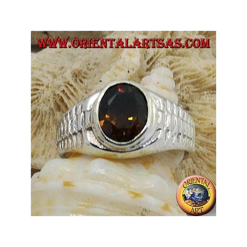 Bague en argent avec topaze fumée ovale et décoration de lien d'horloge