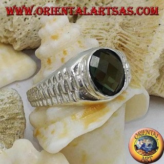 Bague en argent avec zircon vert ovale et décoration de lien d'horloge