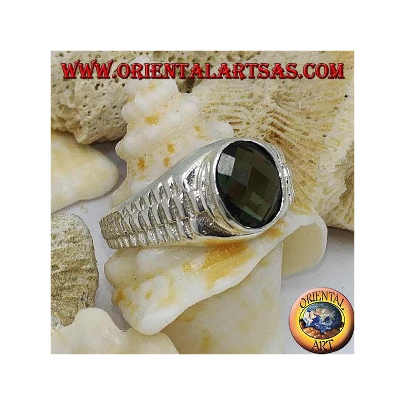 Bague en argent avec zircon vert ovale et décoration de lien d'horloge