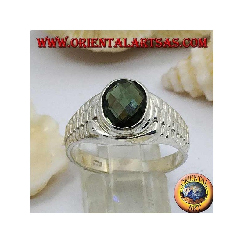 Bague en argent avec zircon vert ovale et décoration de lien d'horloge