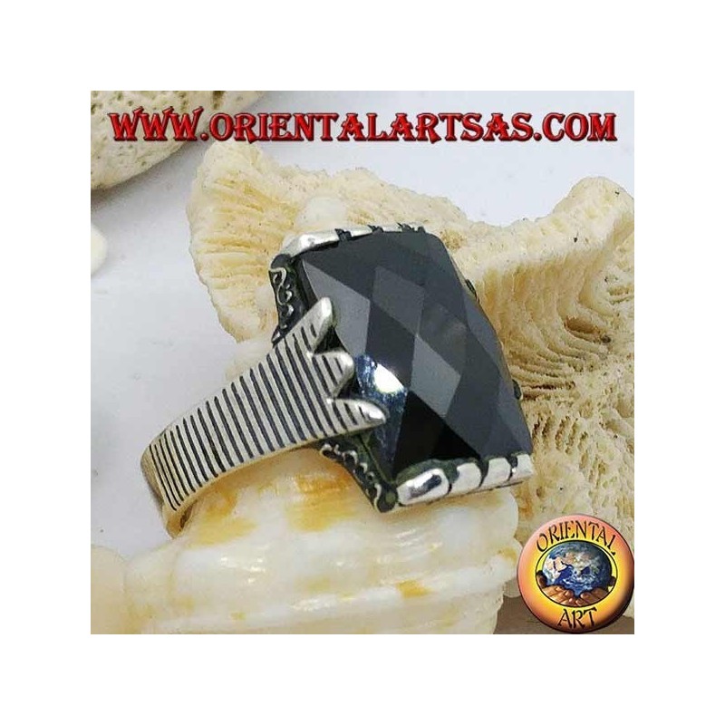Silberring mit facettiertem rechteckigem Onyx und Cliprahmen