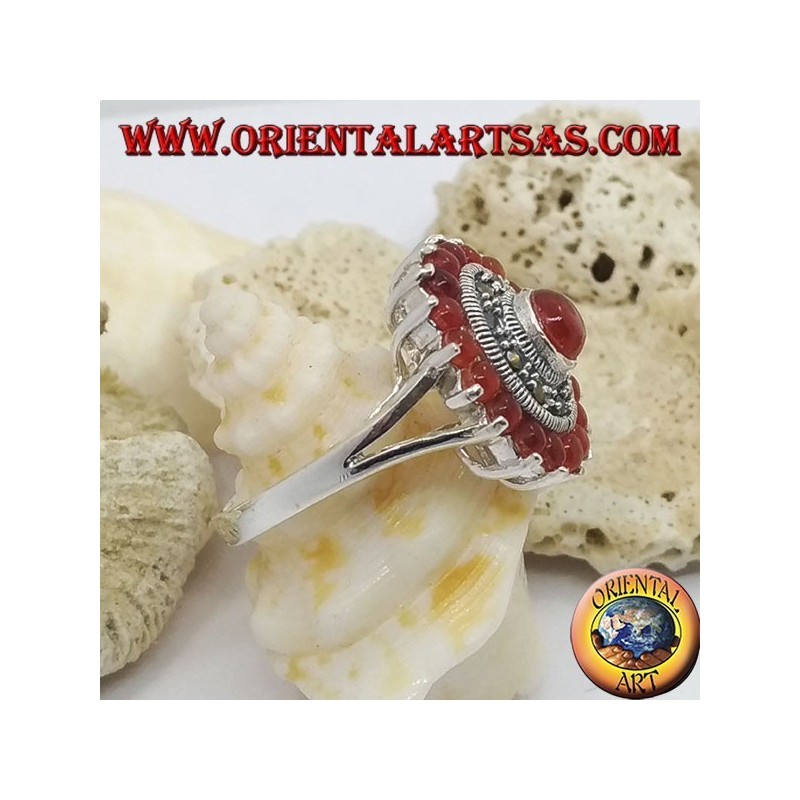 Daisy silver ring with round carnelian surrounded by marcasite and carnelian