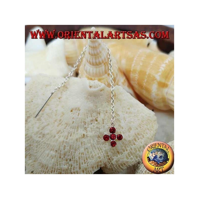 Boucles d'oreilles en argent avec chaîne croisée avec zircons rouges de 7 cm