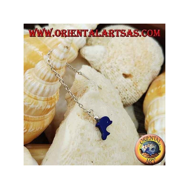 Silver chain earrings with 6 cm blue dolphin