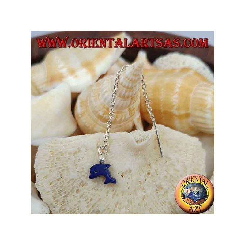 Silver chain earrings with 6 cm blue dolphin