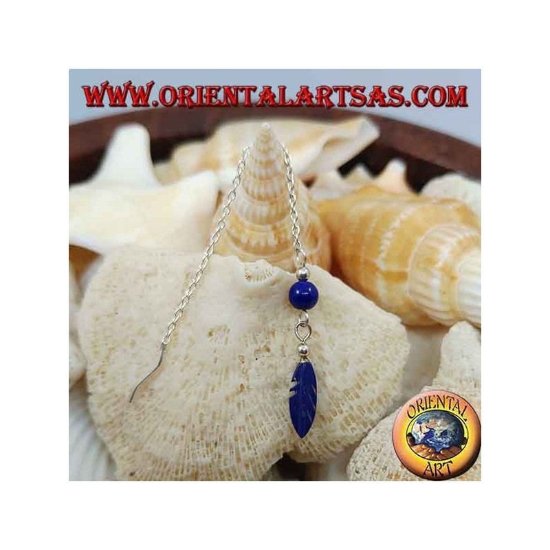 Silver chain earrings with feather and 7 cm lapis ball