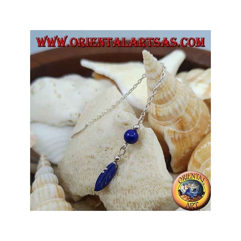 Orecchini in argento a catenina con piuma e pallina lapis da 7 cm