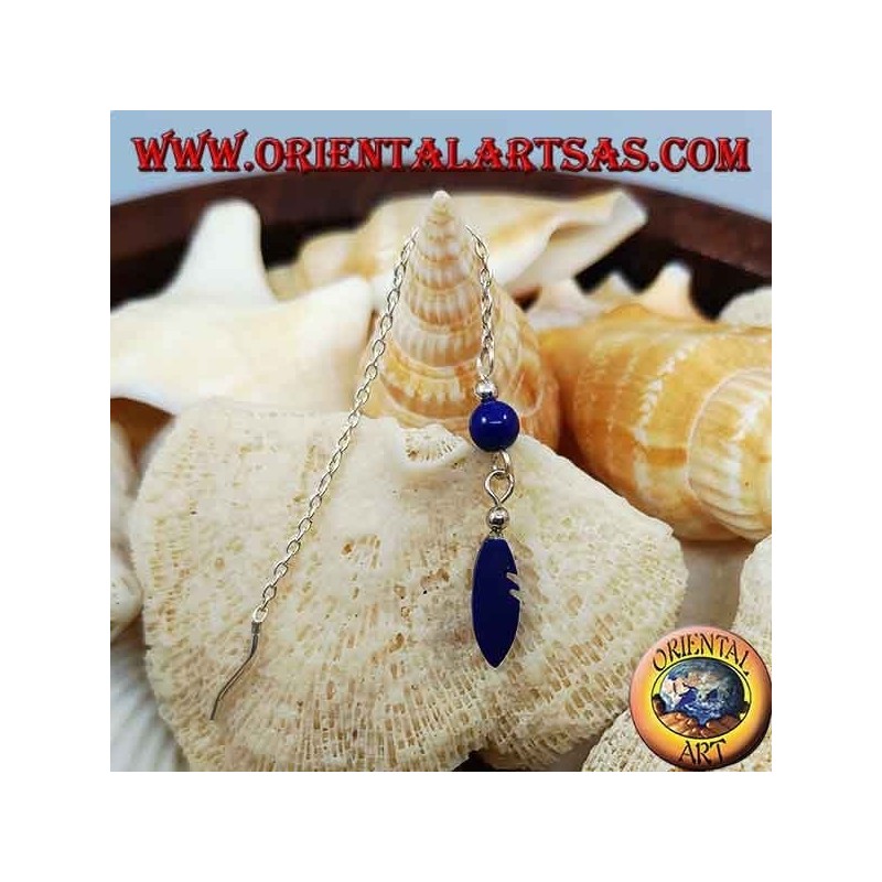 Boucles d'oreilles chaîne en argent avec plume et boule de lapis 7 cm
