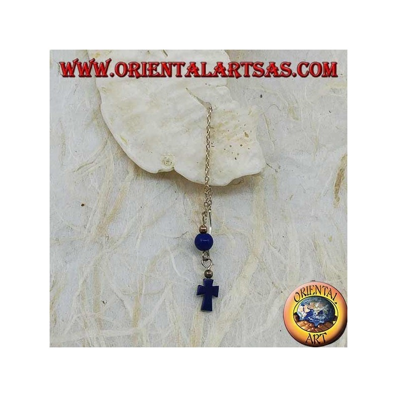 Boucles d'oreilles chaîne en argent avec croix et boule de lapis 8 cm