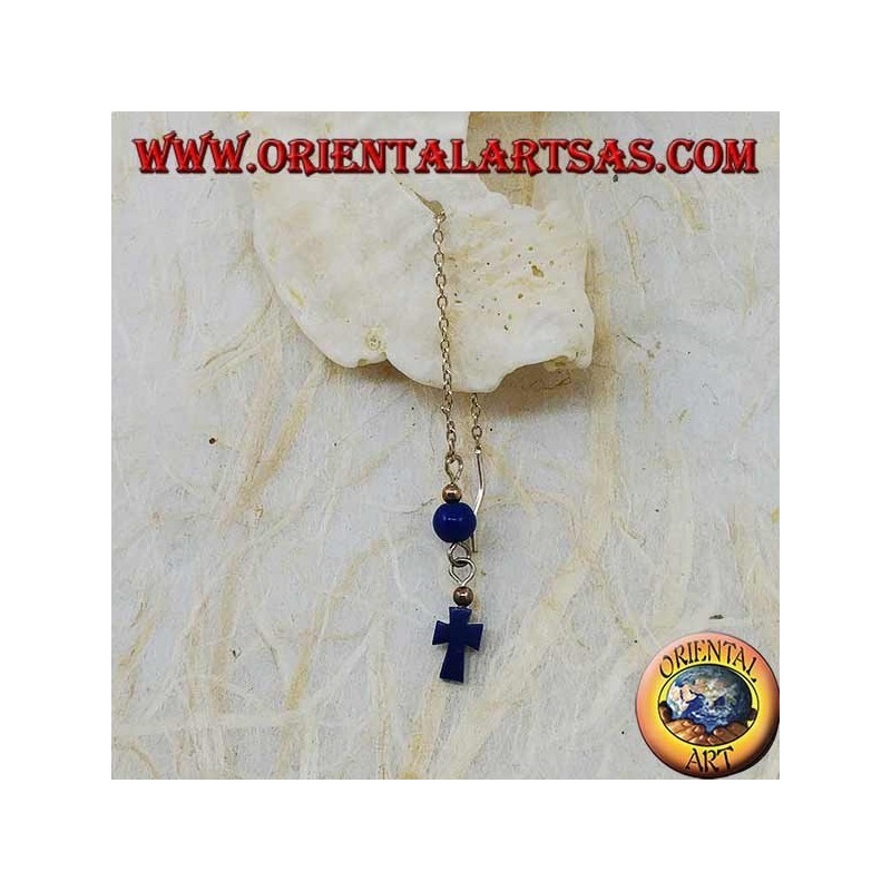 Boucles d'oreilles chaîne en argent avec croix et boule de lapis 8 cm