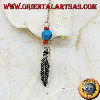 Boucles d'oreilles chaîne en argent avec boule turquoise et corail de 8 cm