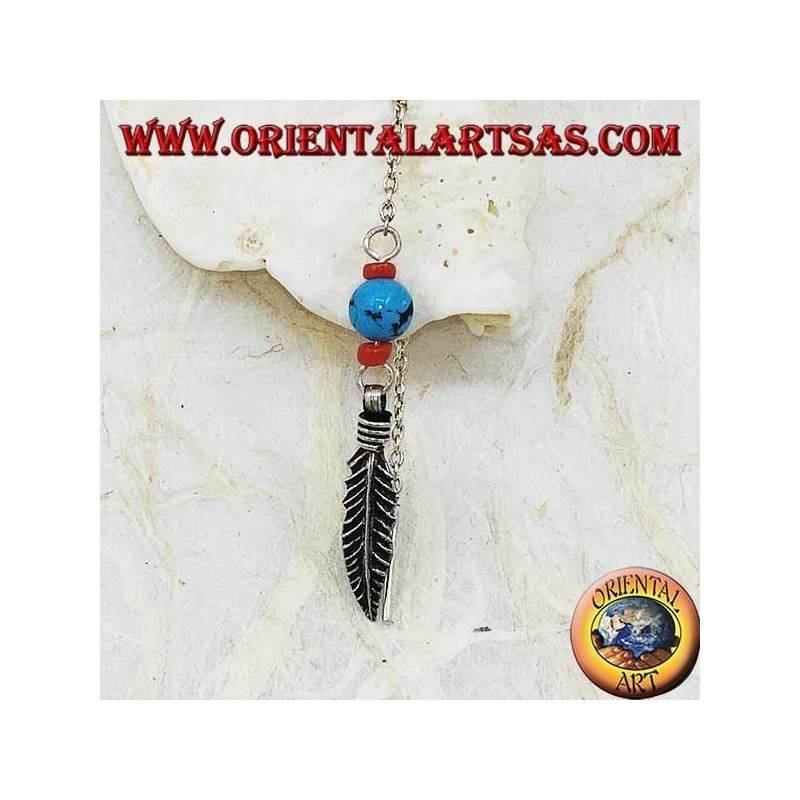 Orecchini in argento a catenina foglia con pallina turchese e corallo da 8 cm