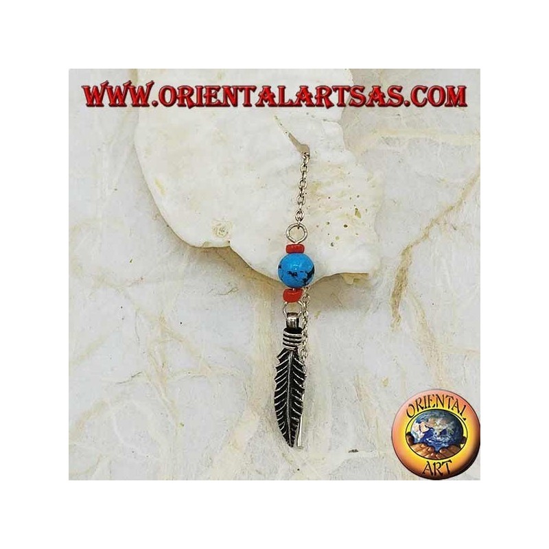 Silver leaf chain earrings with 8 cm turquoise and coral ball