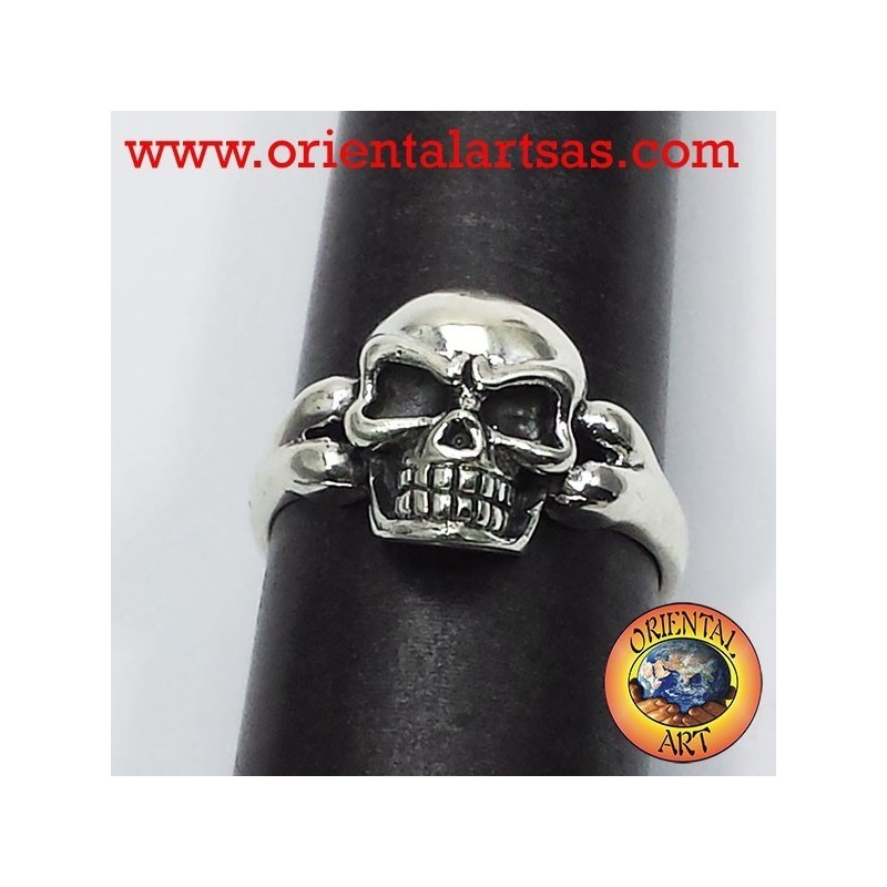 Skull ring with bone, 925 silver