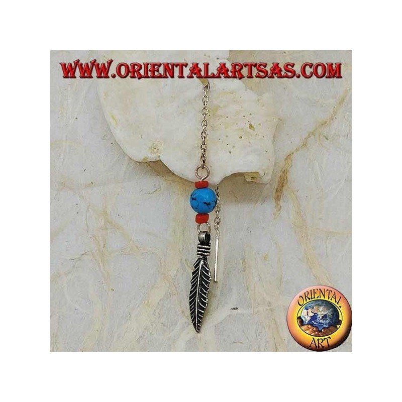 Boucles d'oreilles chaîne en argent avec boule turquoise et corail de 8 cm