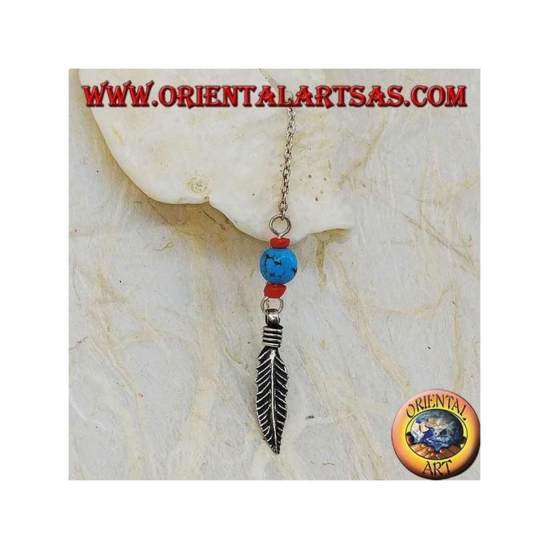 Silver leaf chain earrings with 8 cm turquoise and coral ball