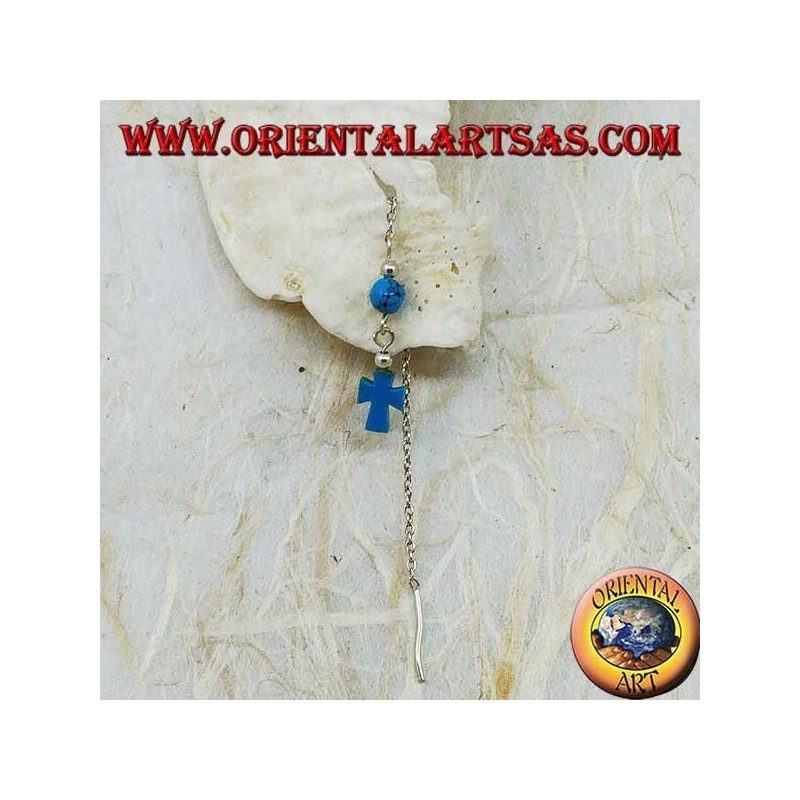 Orecchini in argento a catenina con croce e pallina turchese da 8 cm