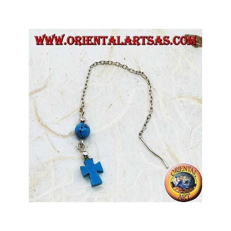 Orecchini in argento a catenina con croce e pallina turchese da 8 cm