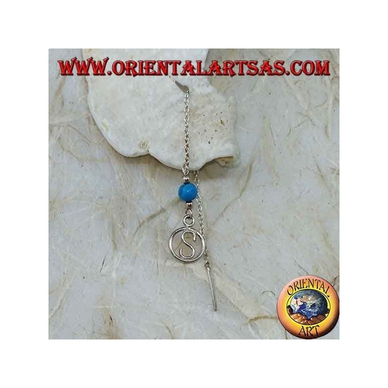 Silver chain earrings with S in the circle (turquoise) 9 cm