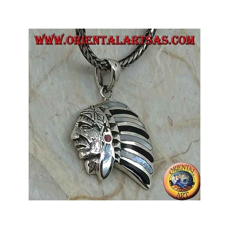 Silver pendant, profile of a native Indian with mother of pearl headdress
